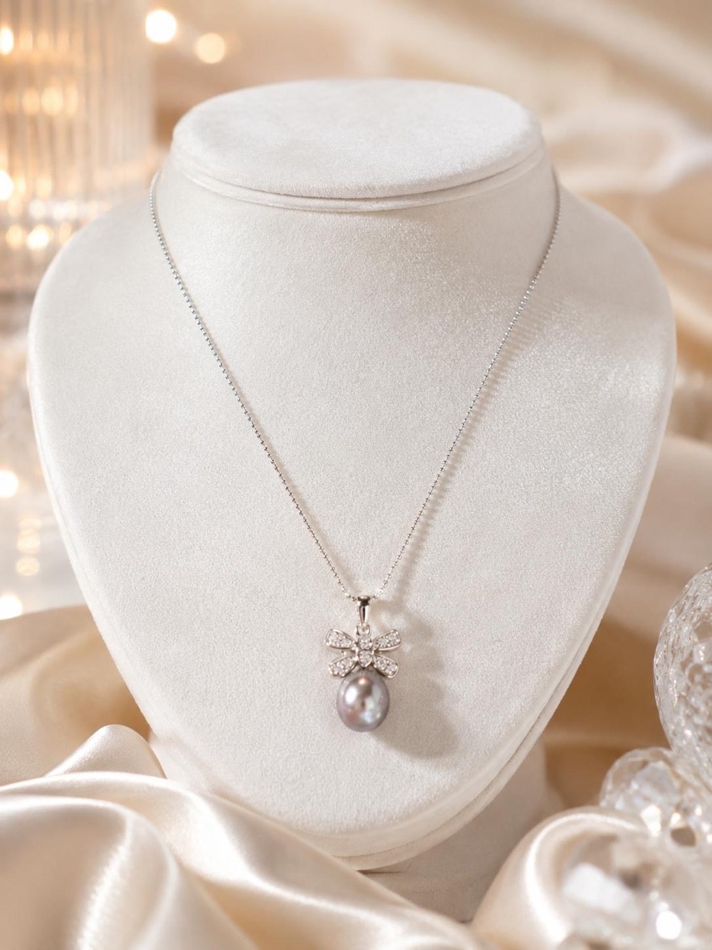 Sterling Silver Pearl Pendant Necklace with Crystal Accent - Gray Pearl